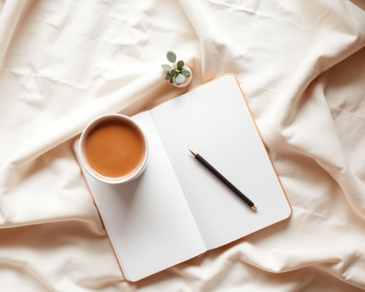 Cozy workspace with coffee, notebook, and a small plant