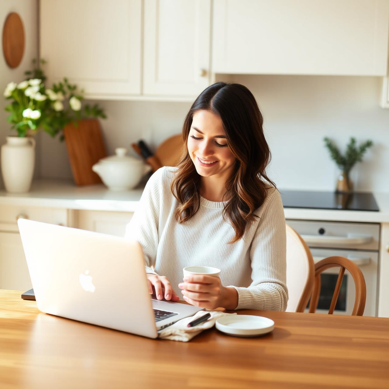 Peaceful mom working from home at a kitchen table